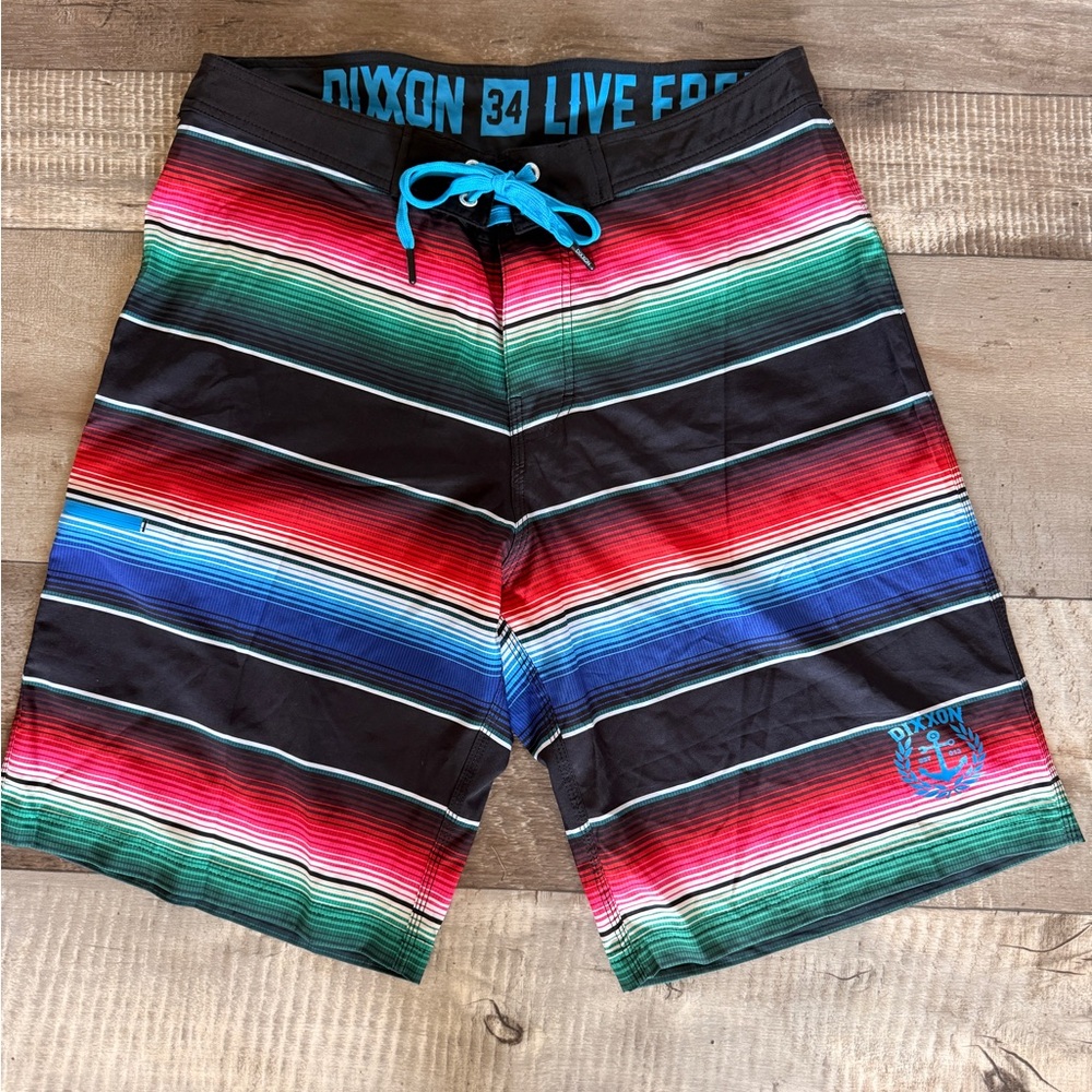DIXXON Striped Board Shorts in Black, Red, Green, Blue